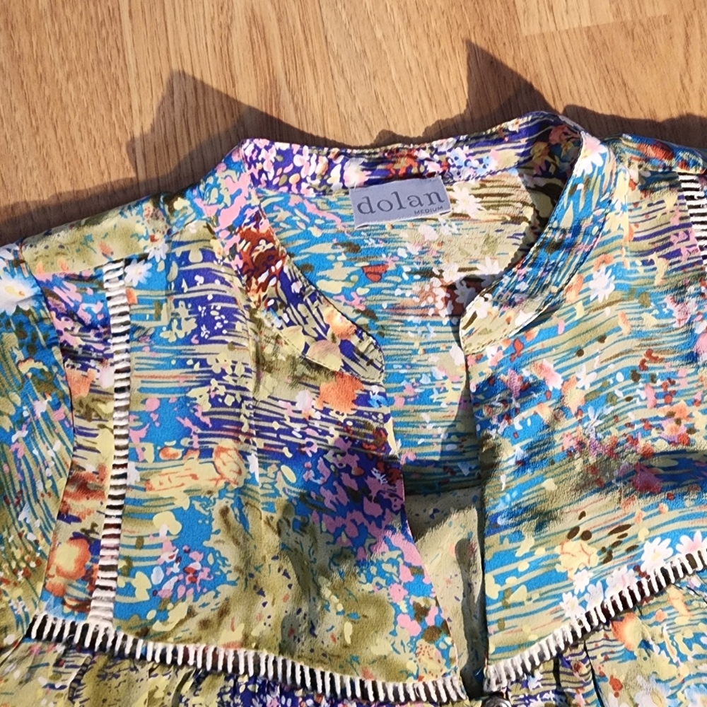 Dolan Blue Graphic Embellished Blouse with Mandarin Collar